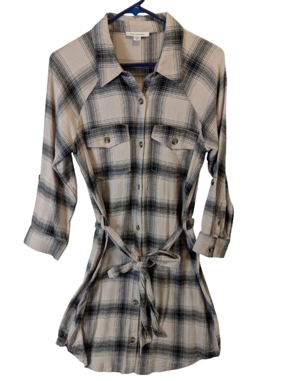 American Eagle Flannel Dress M Plaid Button Down Belted Shirt Fall Cozy Casual